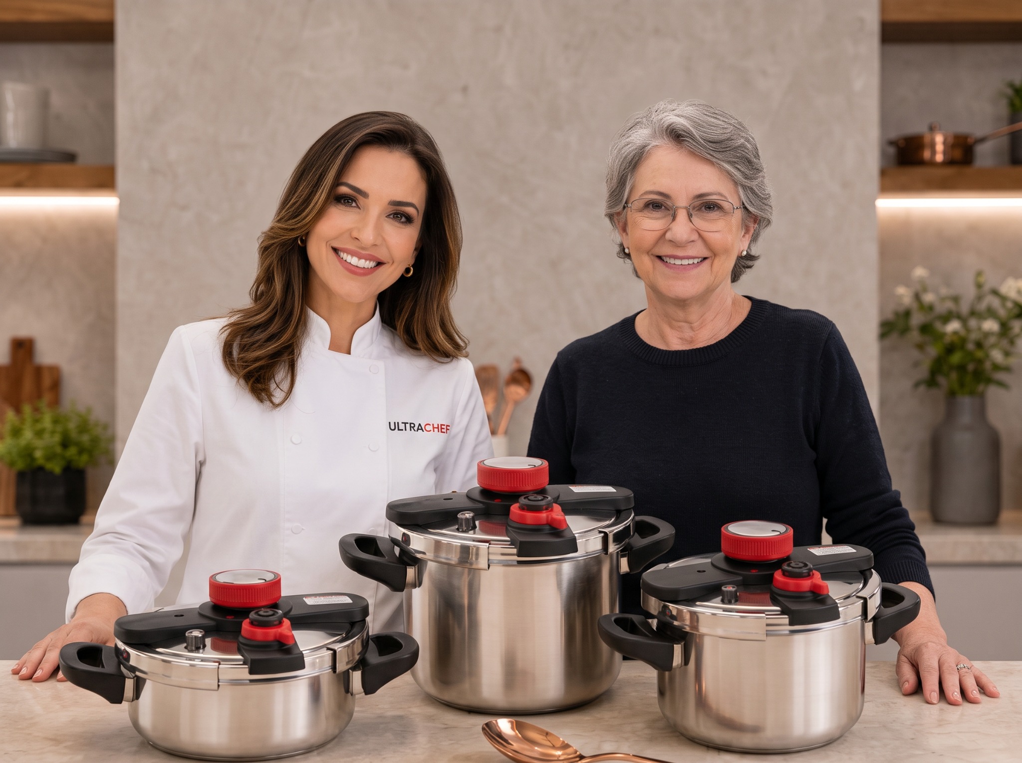 Imagem ilustrativa de duas mulheres ao lado das panelas UltraChef em uma cozinha